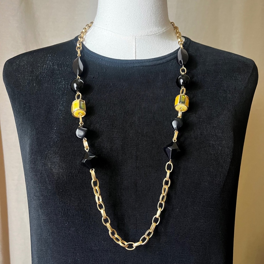 Monet Gold Tone Black Bead Necklace Set Yellow Glass Cube Earrings 32-34"
